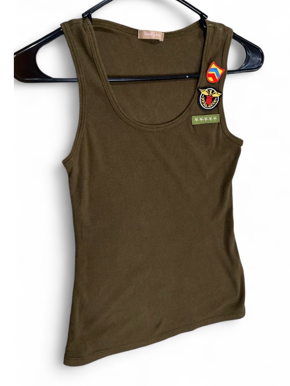 Y2k 2006 Vintage Green Ribbed Tank with Patch Details